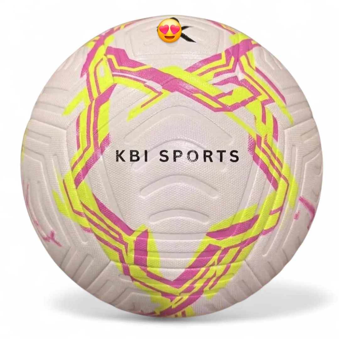 Football Manufacturer Custom manufactured white football with pink and neon yellow graphics by KBI Sports manufacturer.