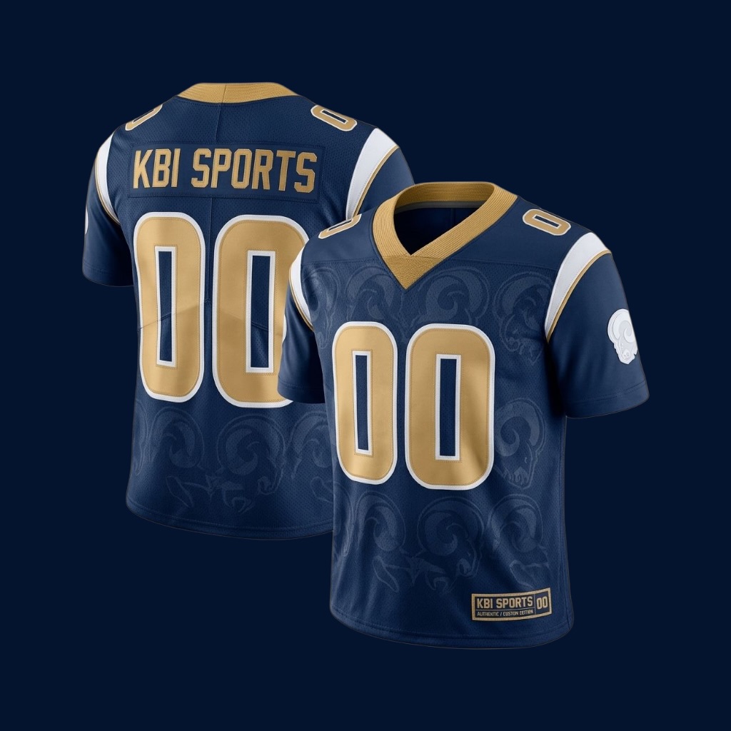 Sportswear Manufacturing KBI Sports custom navy blue and gold American football jersey with embossed detailing and team branding, designed for professional sportswear manufacturing.